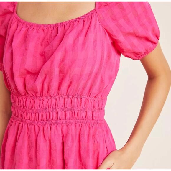 Anthropologie Hot Pink Francesca Cotton Tiered Gingham Midi Dress Size Medium - Picture 3 of 8